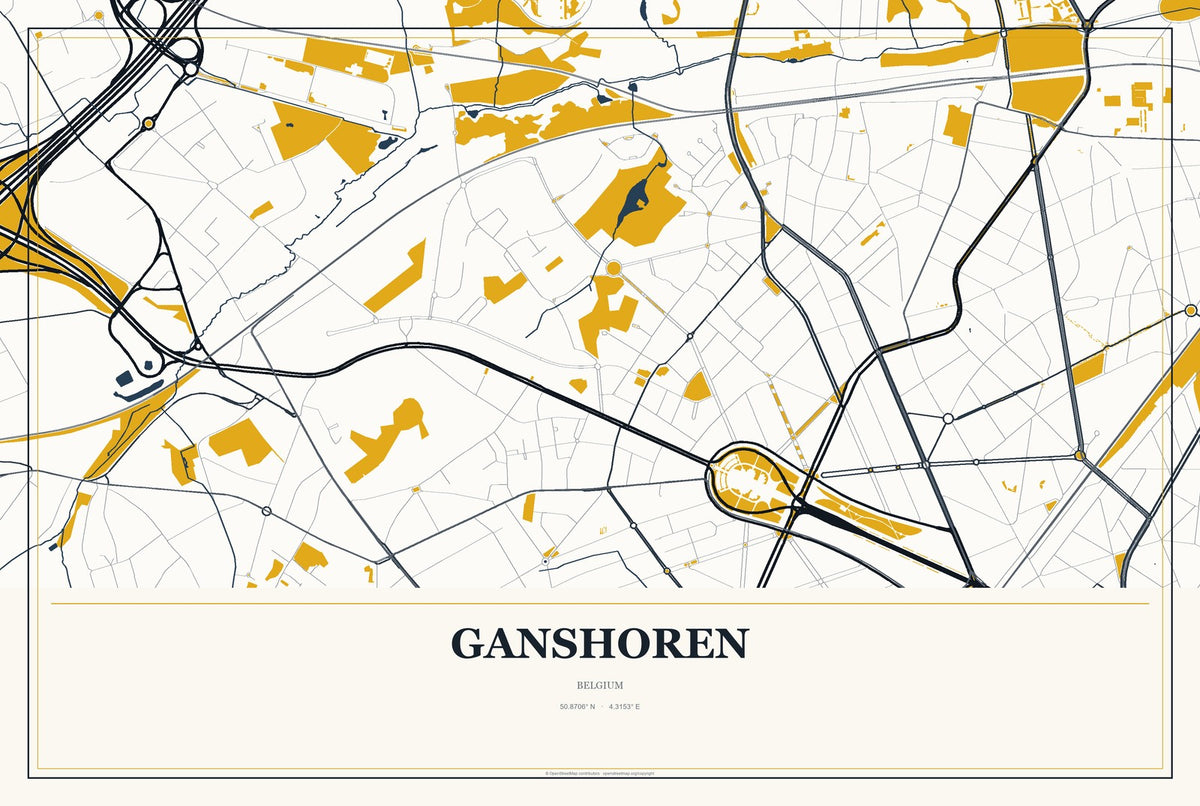 Ganshoren, Belgium City Map Aluminum Sign in Citrine Modern style