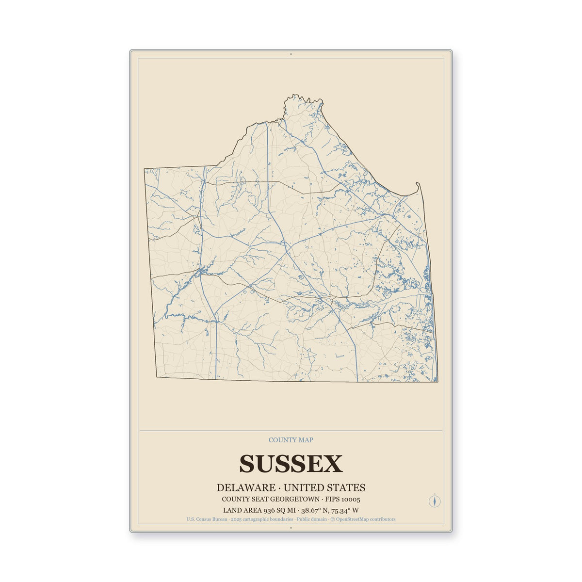 Sussex County, Delaware Map Aluminum Sign in Heritage Nautical style