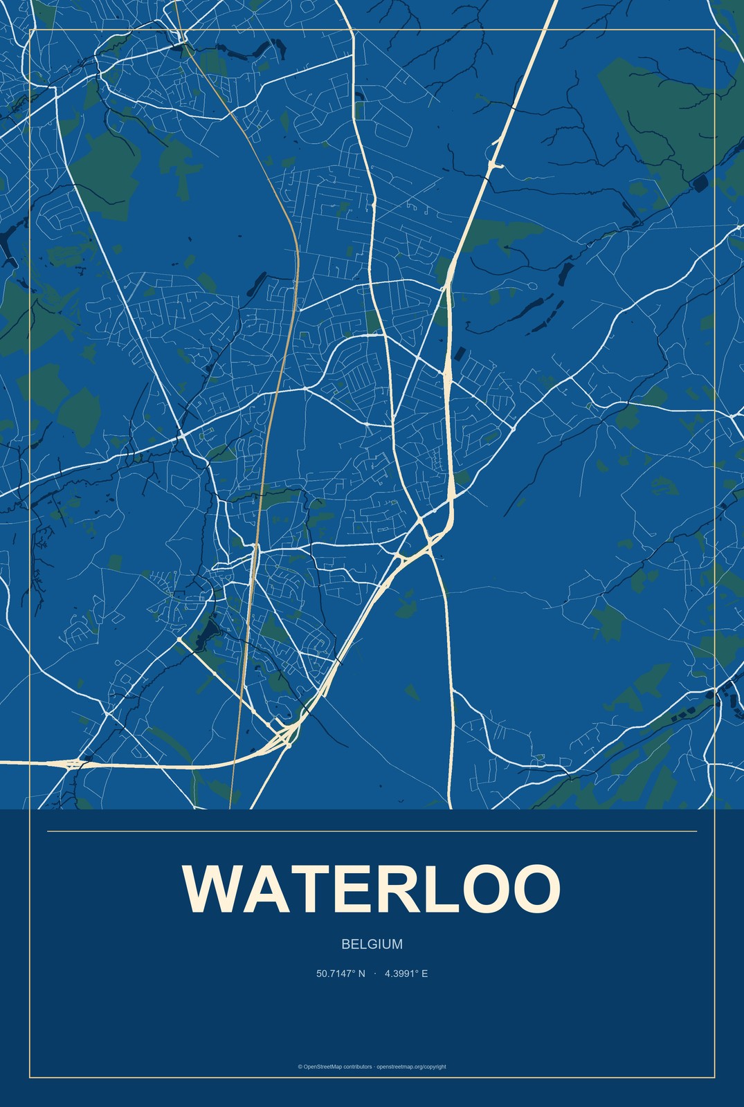 Waterloo, Belgium City Map Aluminum Sign in Harbor Cobalt style