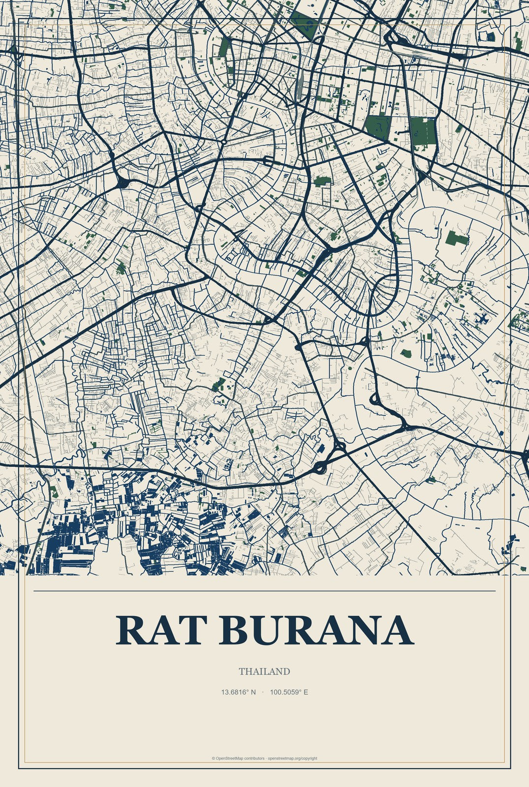 Rat Burana, Thailand City Map Aluminum Sign in Coastal Cutout style