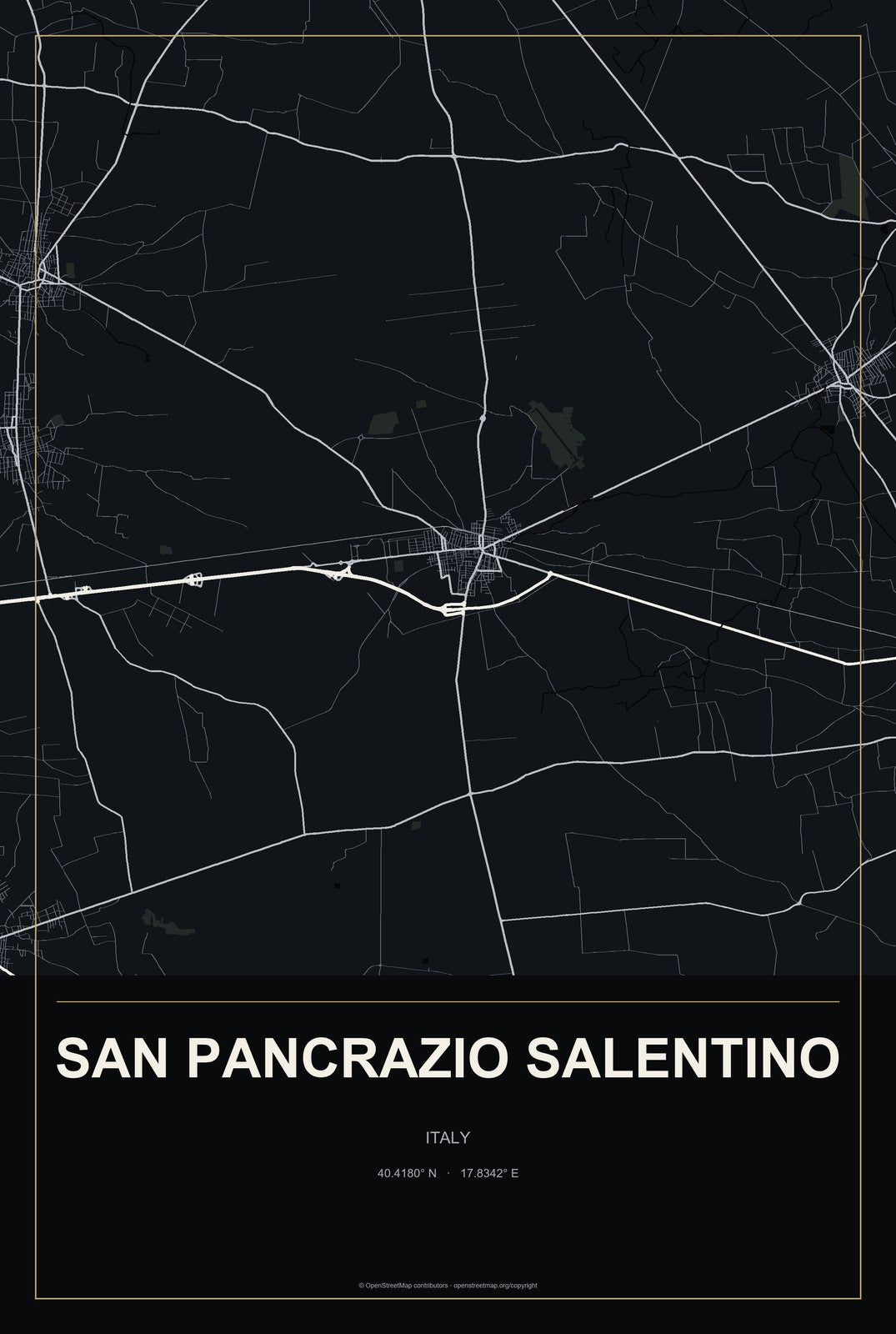 San Pancrazio Salentino, Italy City Map Aluminum Sign in Metropolitan Noir style