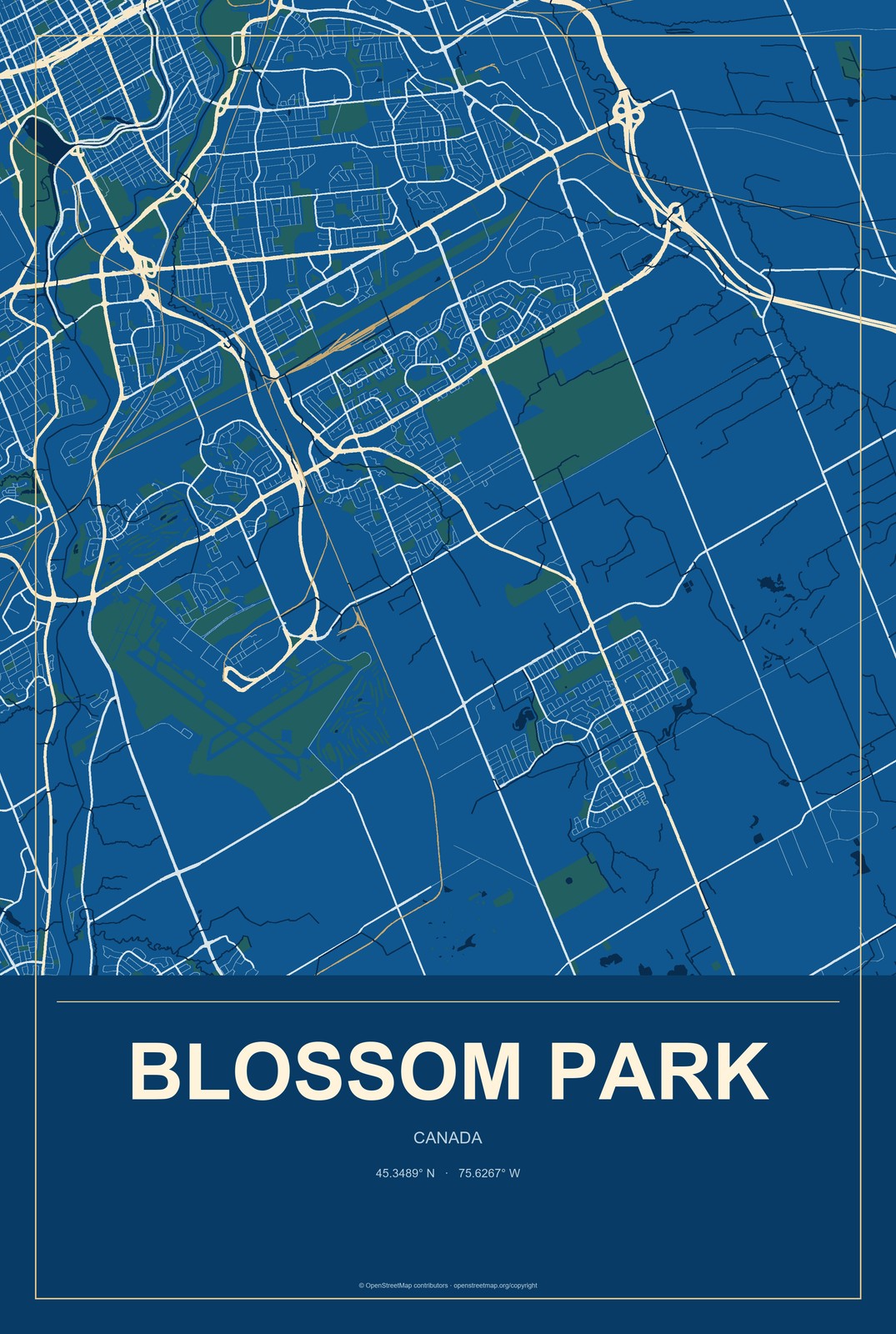 Blossom Park, Canada City Map Aluminum Sign in Harbor Cobalt style