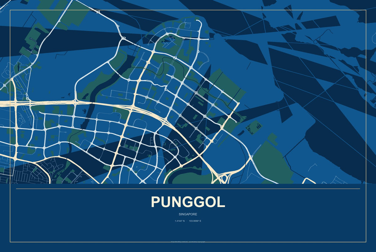 Punggol, Singapore City Map Aluminum Sign in Harbor Cobalt style