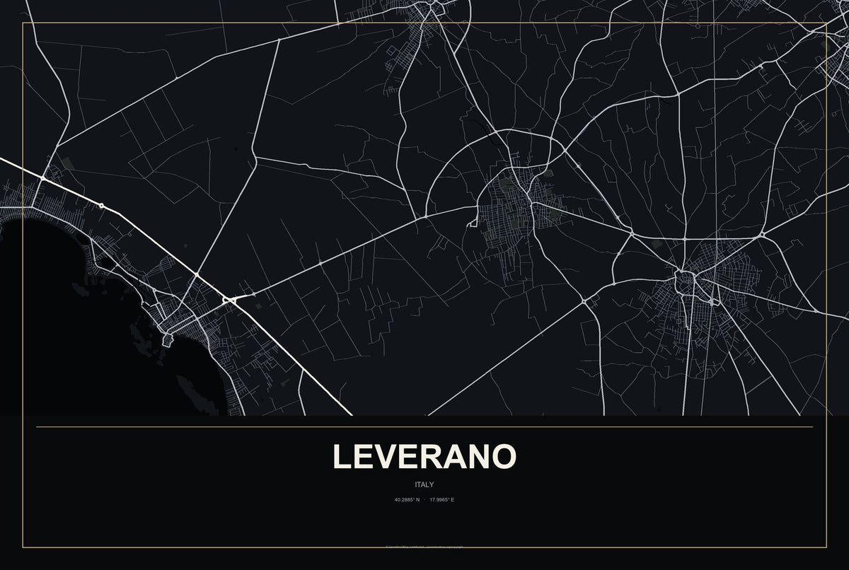 Leverano, Italy City Map Aluminum Sign in Metropolitan Noir style