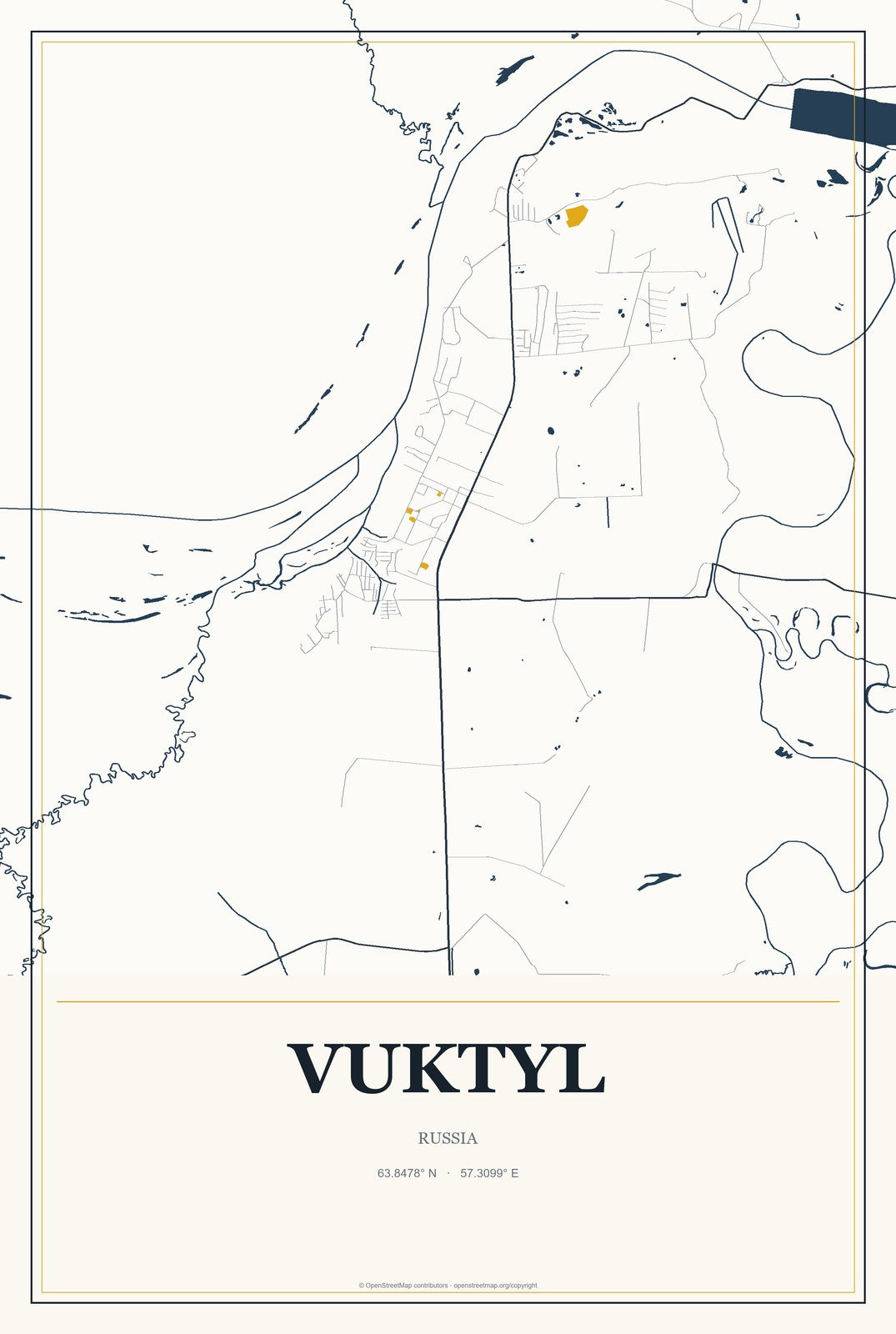 Vuktyl, Russia City Map Aluminum Sign in Citrine Modern style