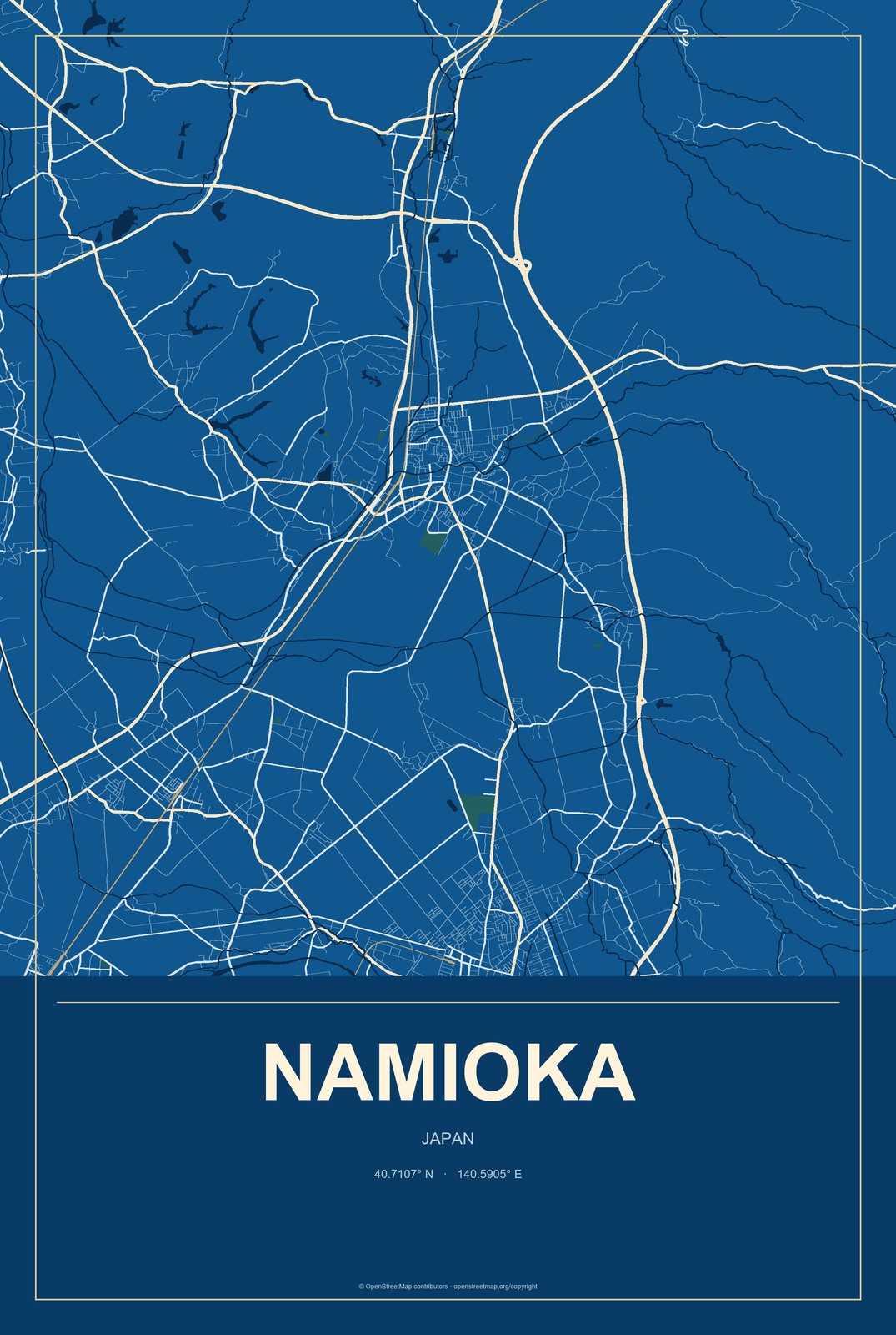 Namioka, Japan City Map Aluminum Sign in Harbor Cobalt style