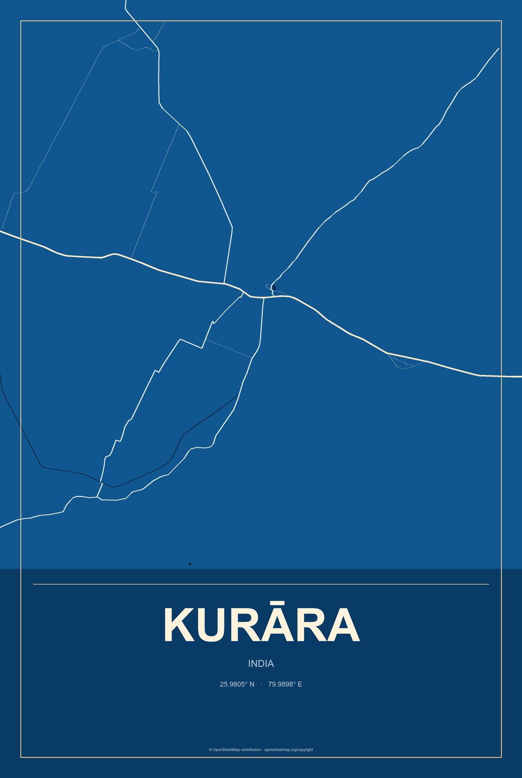 Kurāra, India City Map Aluminum Sign in Harbor Cobalt style