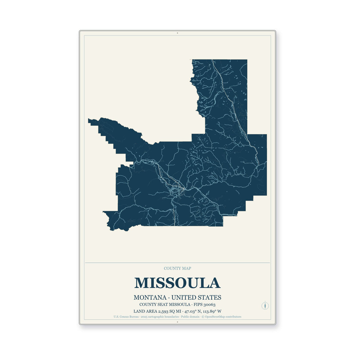 Missoula County, Montana Map Aluminum Sign in Coastal Cutout style