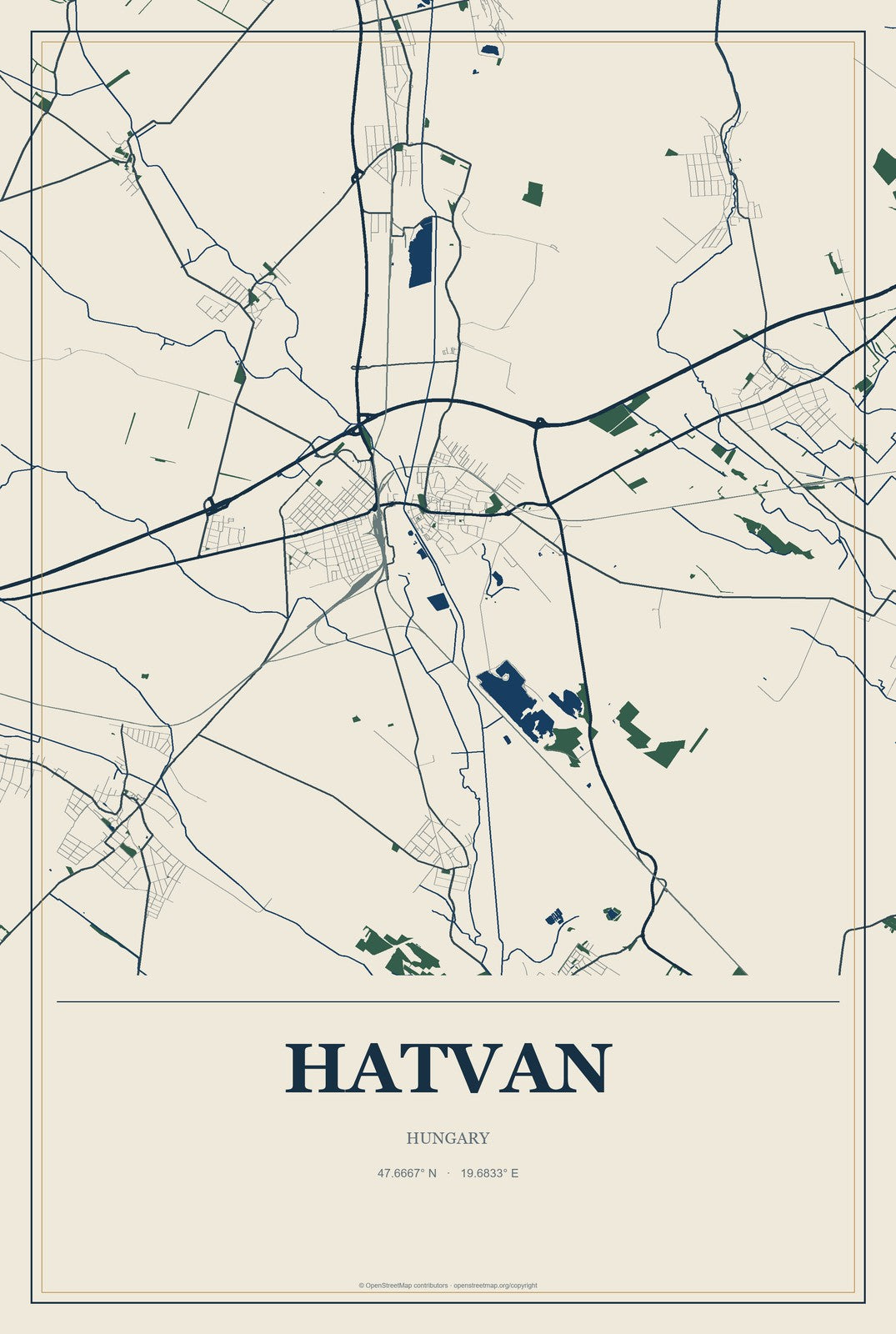 Hatvan, Hungary City Map Aluminum Sign in Coastal Cutout style