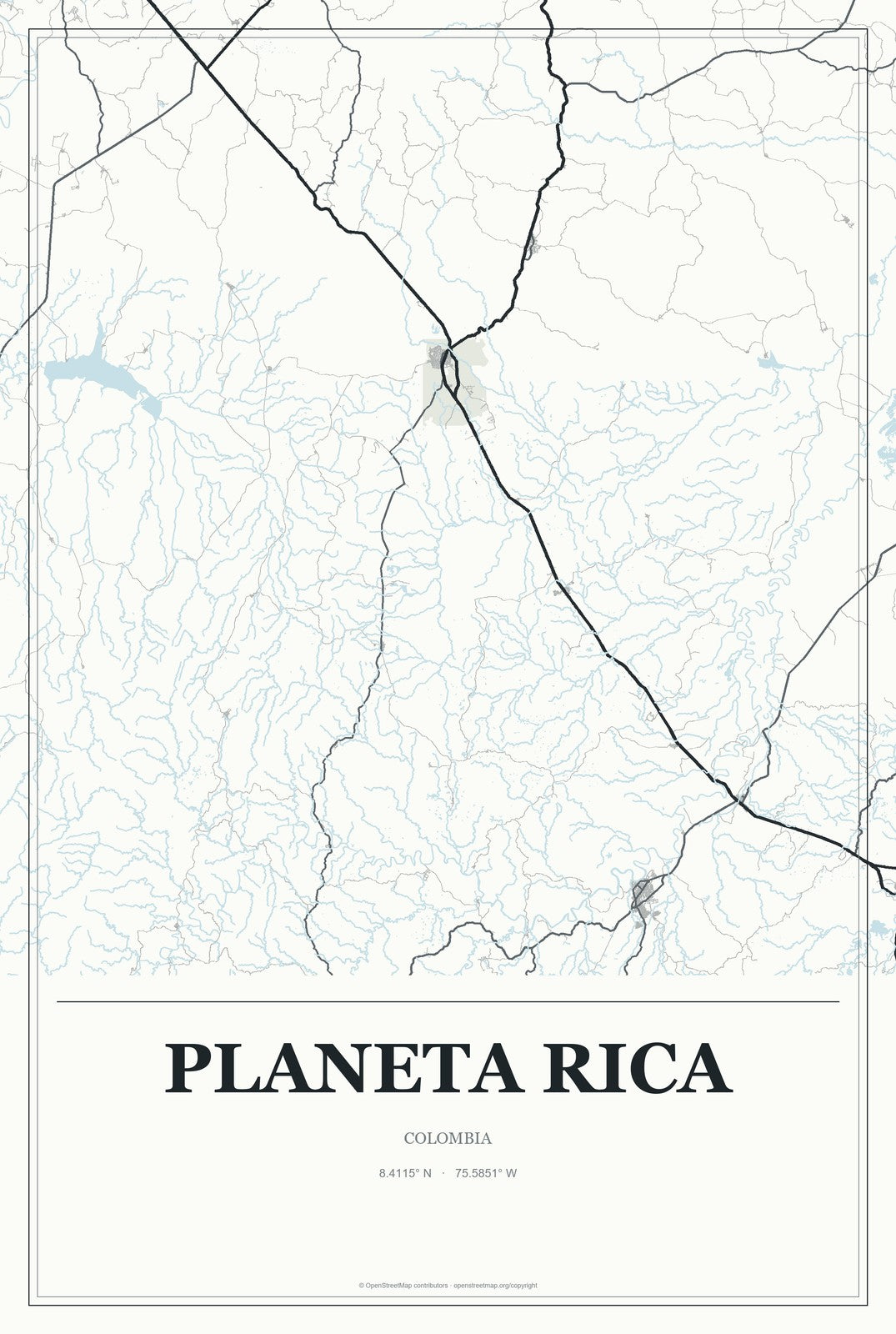 Planeta Rica, Colombia City Map Aluminum Sign in Gallery Air style