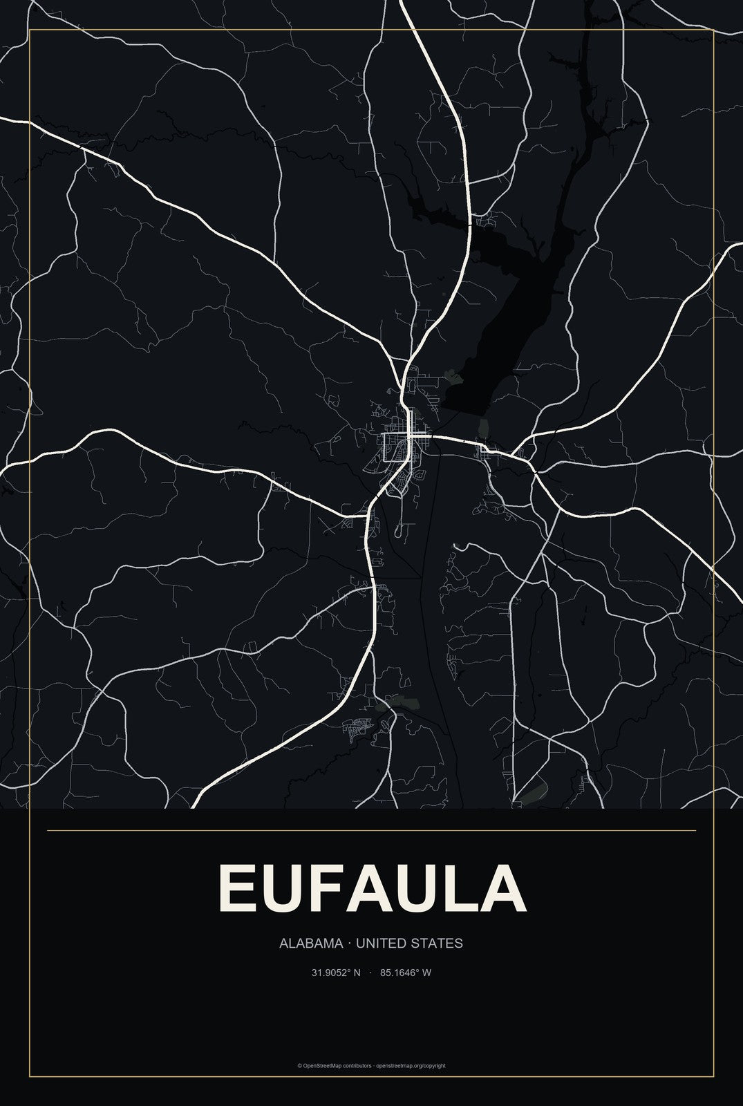 Eufaula, Alabama City Map Aluminum Sign in Metropolitan Noir style