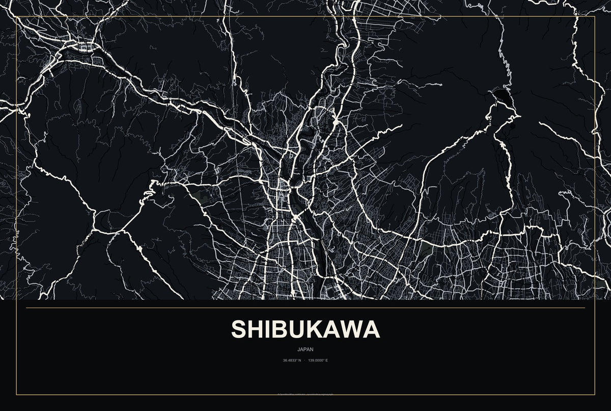 Shibukawa, Japan City Map Aluminum Sign in Metropolitan Noir style