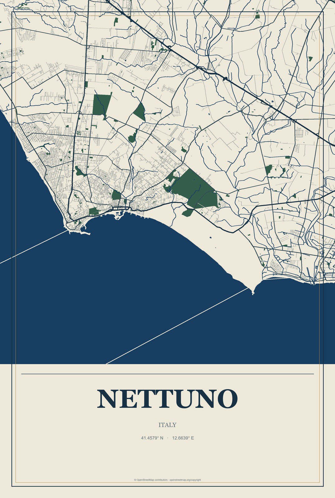 Nettuno, Italy City Map Aluminum Sign in Coastal Cutout style