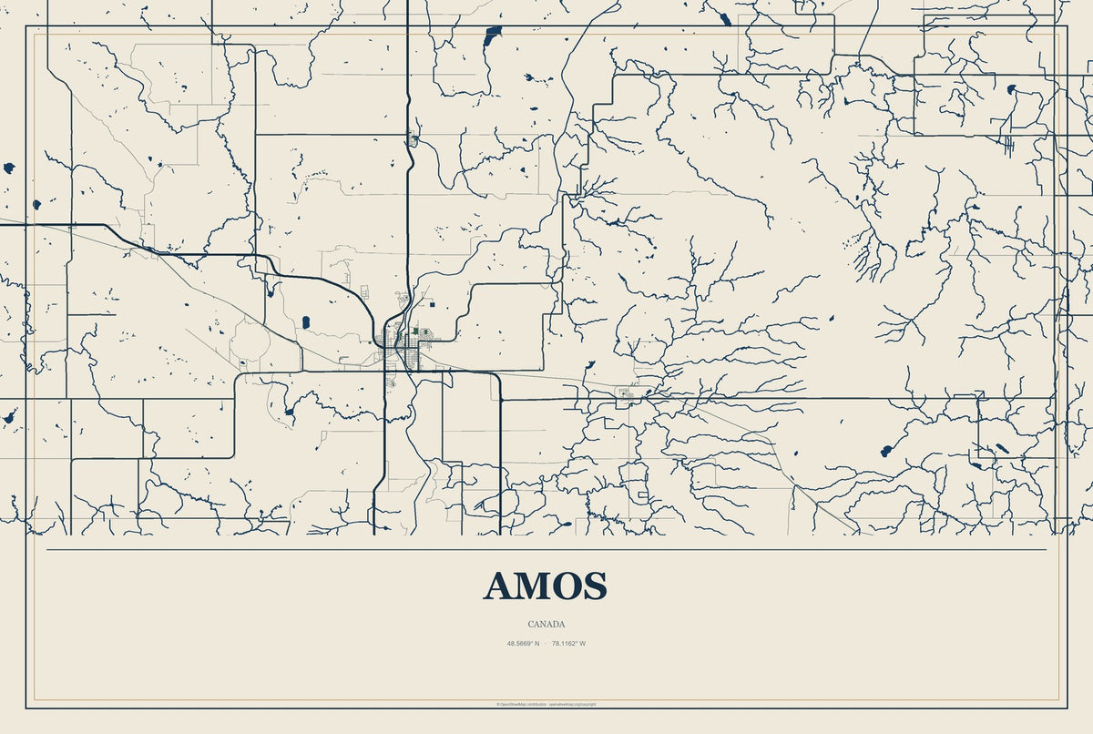 Amos, Canada City Map Aluminum Sign in Coastal Cutout style