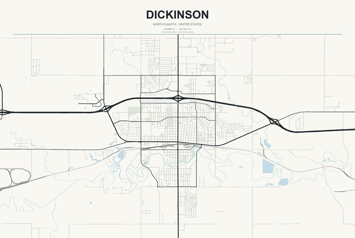 Dickinson, North Dakota City Map Aluminum Sign in Headline Atlas style