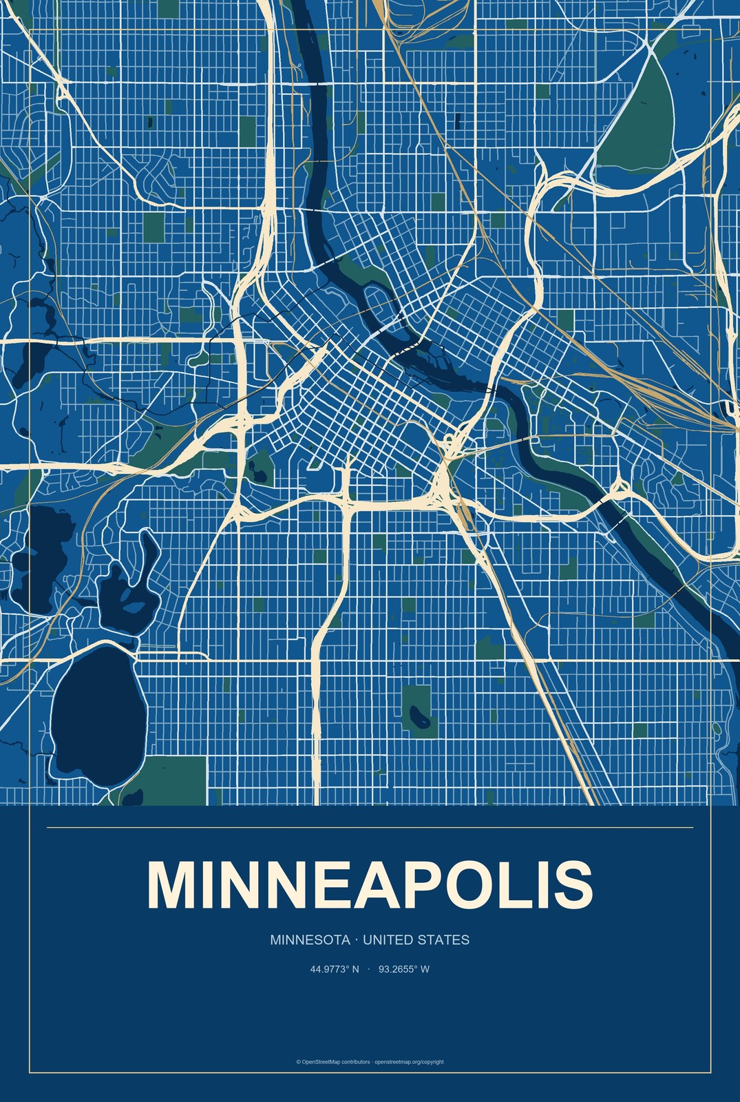 Minneapolis, Minnesota City Map Aluminum Sign in Harbor Cobalt style