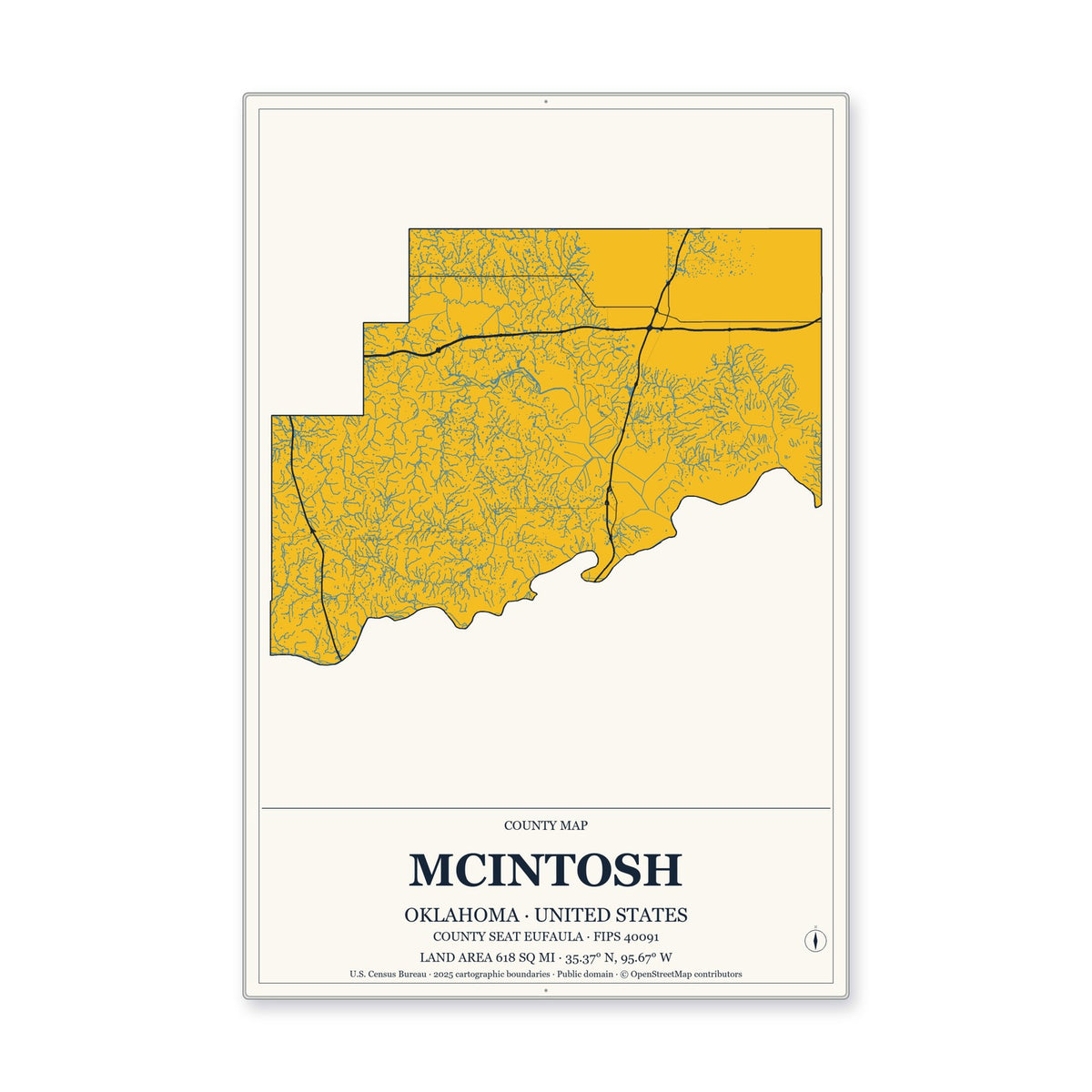 McIntosh County, Oklahoma Map Aluminum Sign in Citrine Modern style