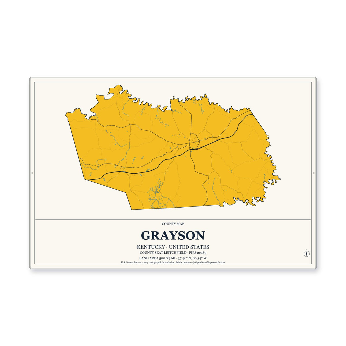 Grayson County, Kentucky Map Aluminum Sign in Citrine Modern style