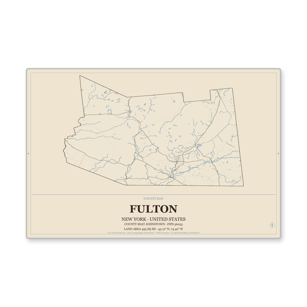 Fulton County, New York Map Aluminum Sign in Heritage Nautical style
