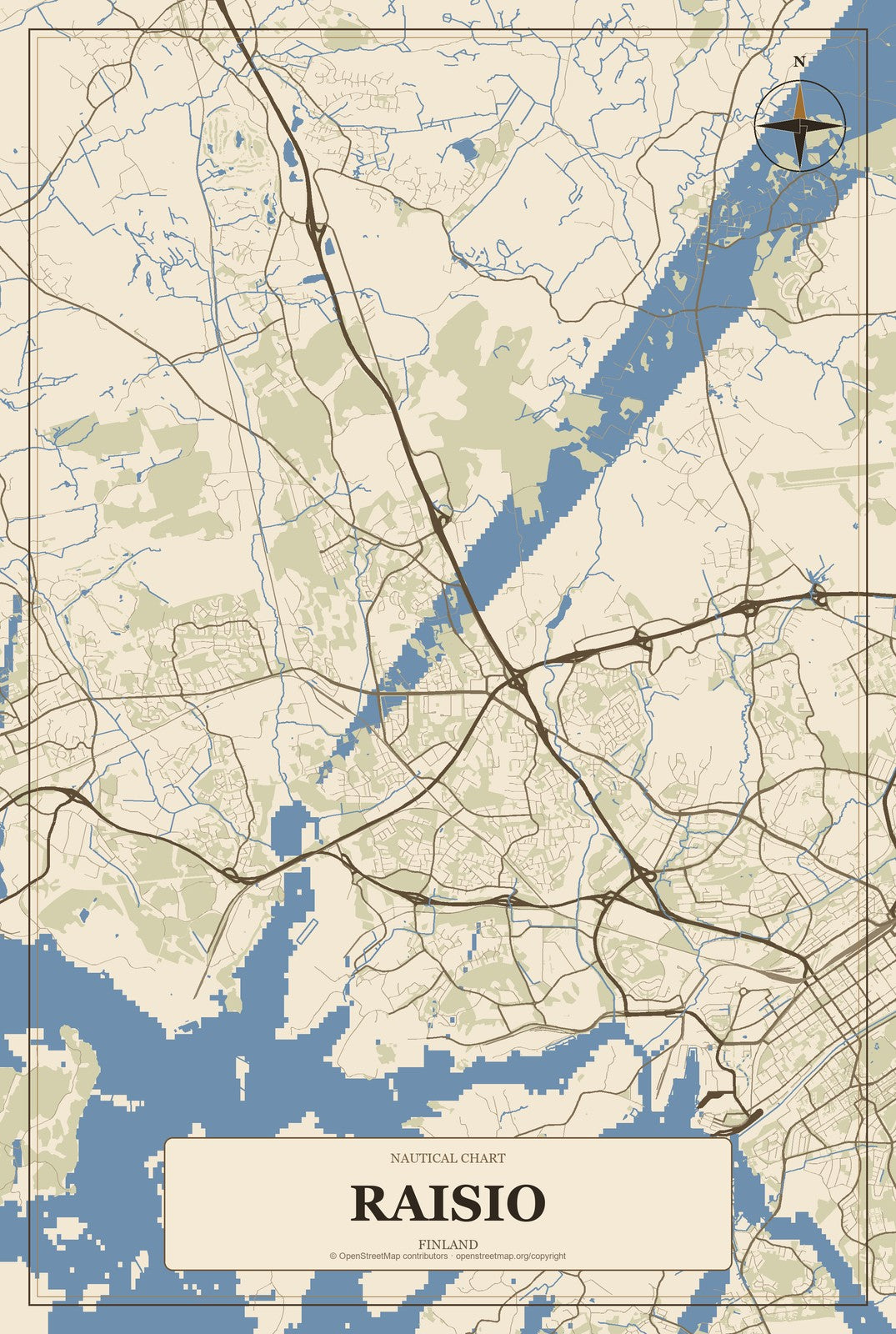 Raisio, Finland City Map Aluminum Sign in Heritage Nautical style