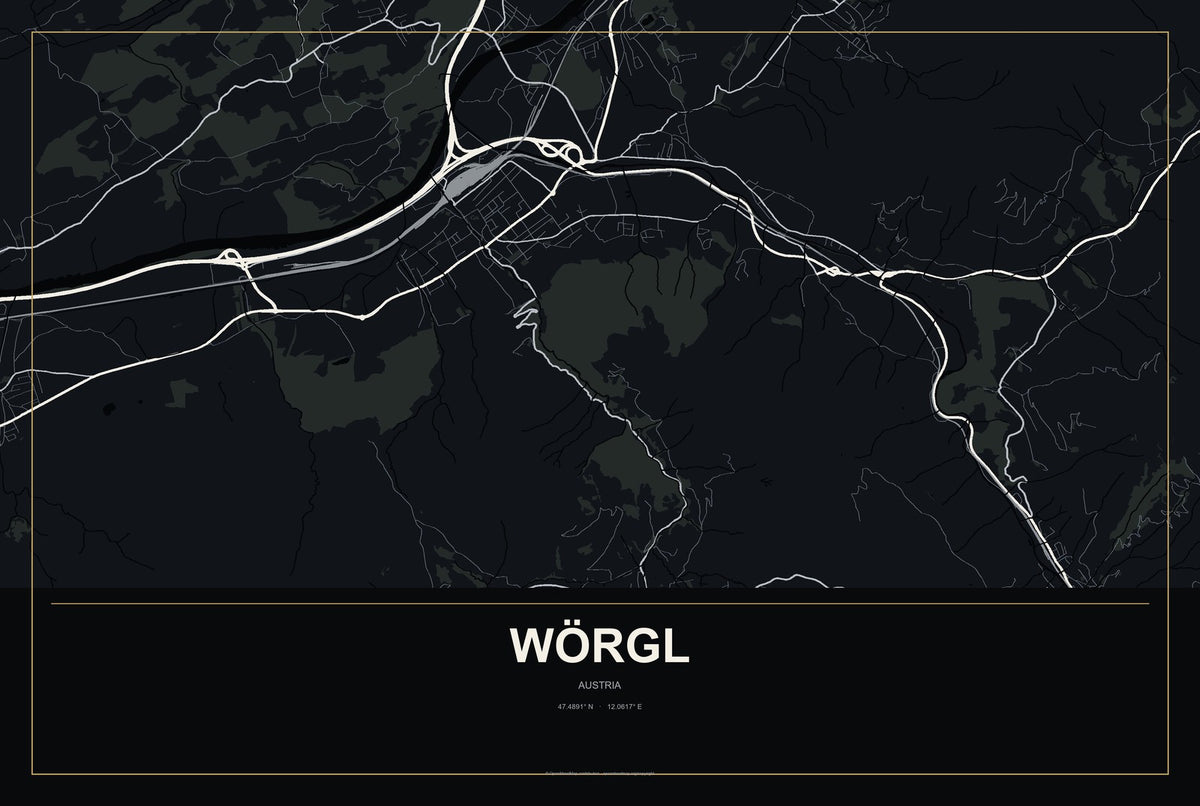 Wörgl, Austria City Map Aluminum Sign in Metropolitan Noir style