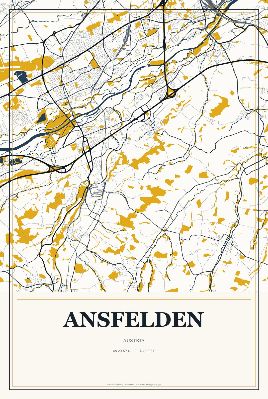 Ansfelden, Austria City Map Aluminum Sign in Citrine Modern style