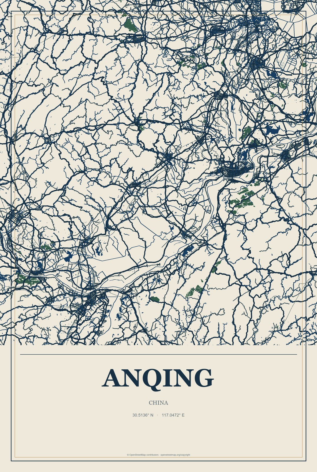 Anqing, China City Map Aluminum Sign in Coastal Cutout style