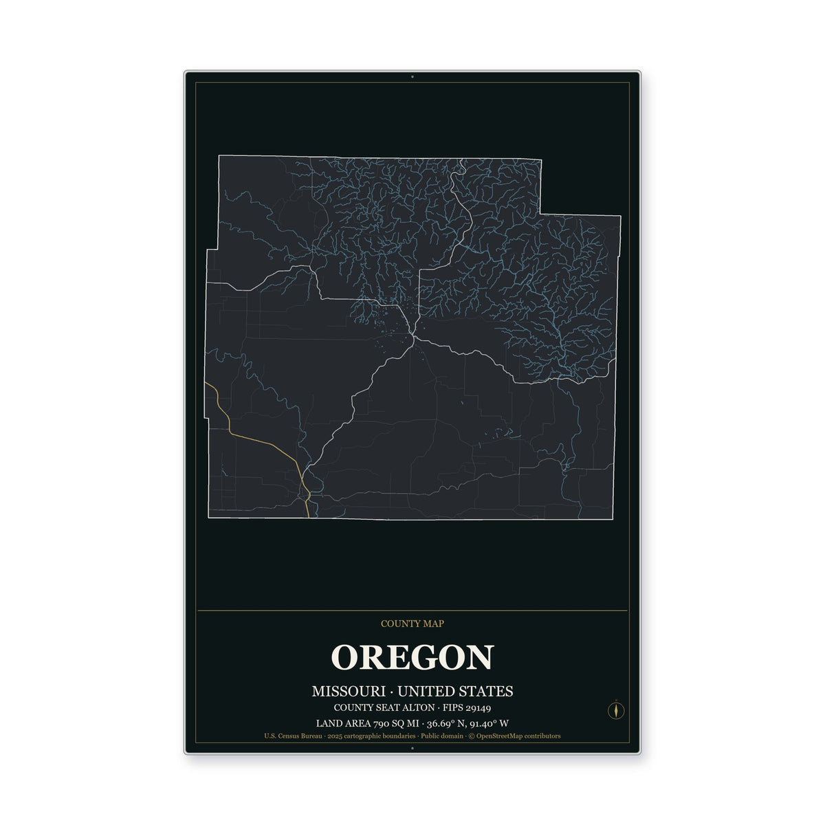 Oregon County, Missouri Map Aluminum Sign in Metropolitan Noir style
