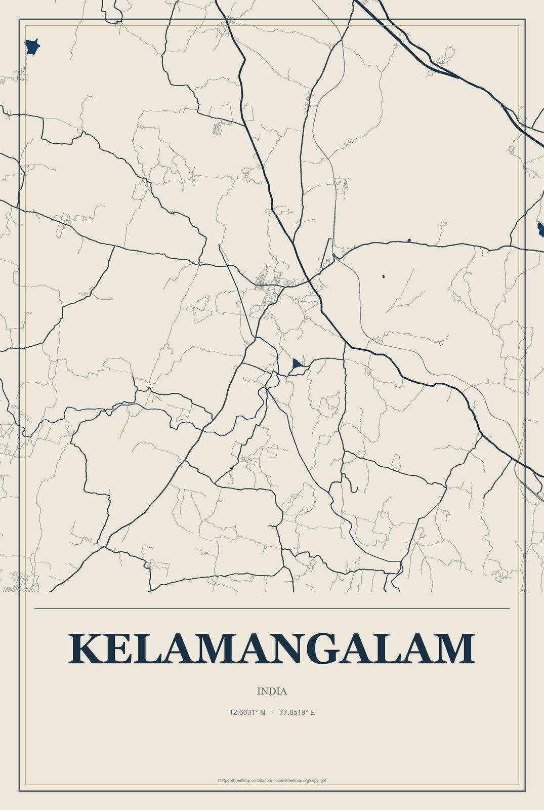 Kelamangalam, India City Map Aluminum Sign in Coastal Cutout style