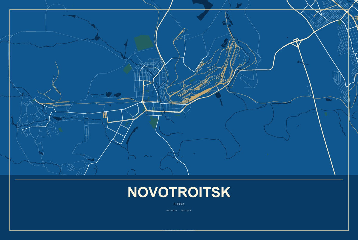 Novotroitsk, Russia City Map Aluminum Sign in Harbor Cobalt style