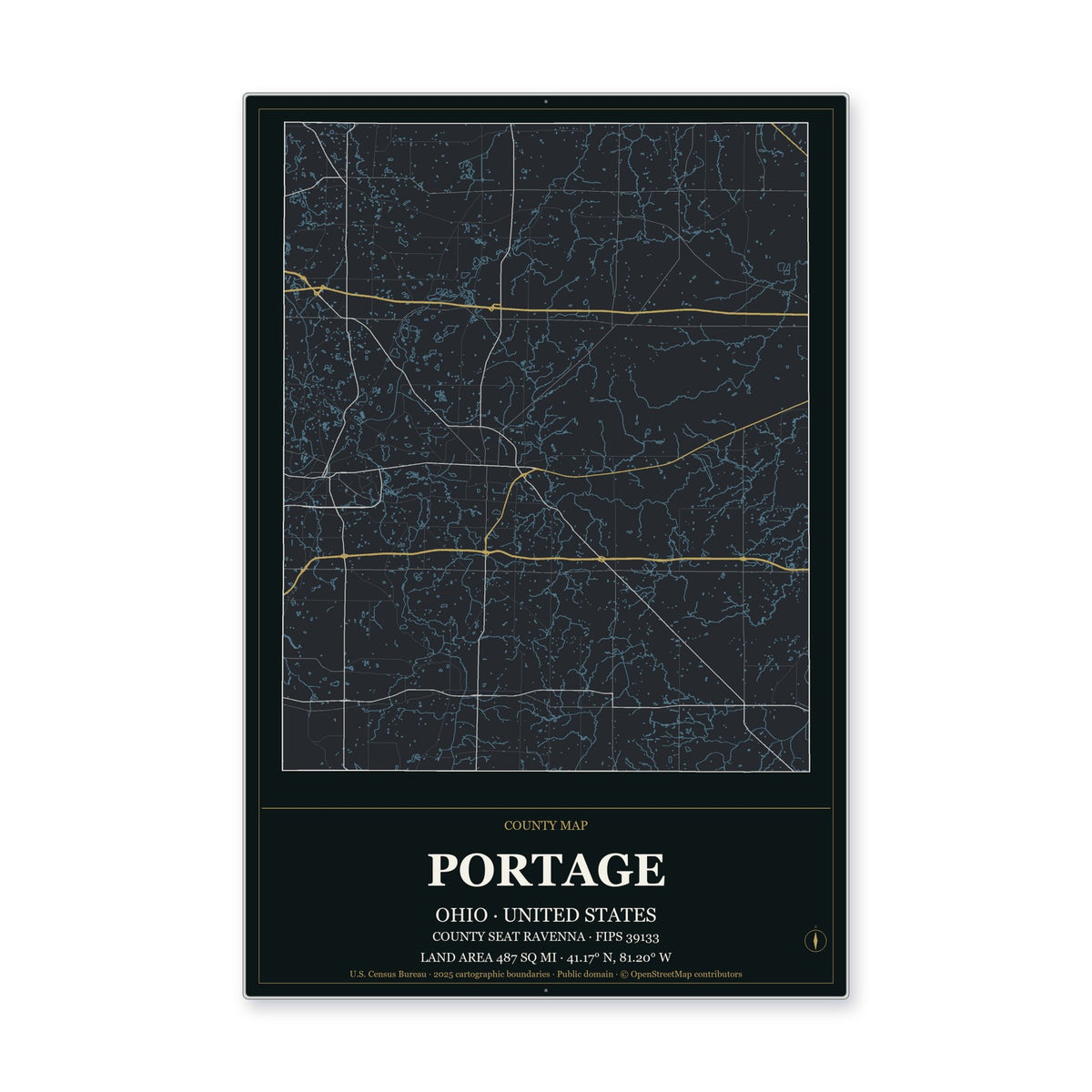 Portage County, Ohio Map Aluminum Sign in Metropolitan Noir style