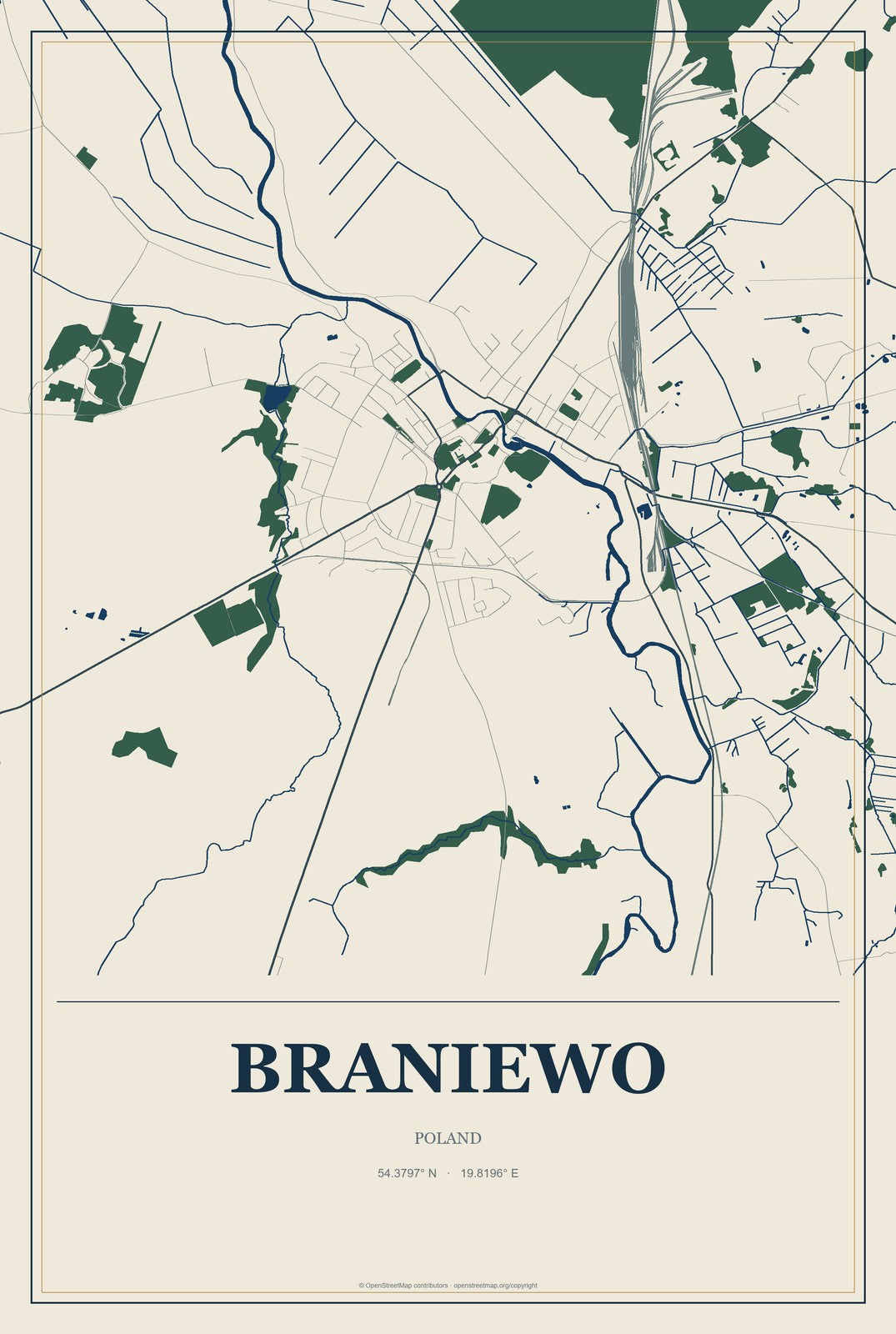 Braniewo, Poland City Map Aluminum Sign in Coastal Cutout style