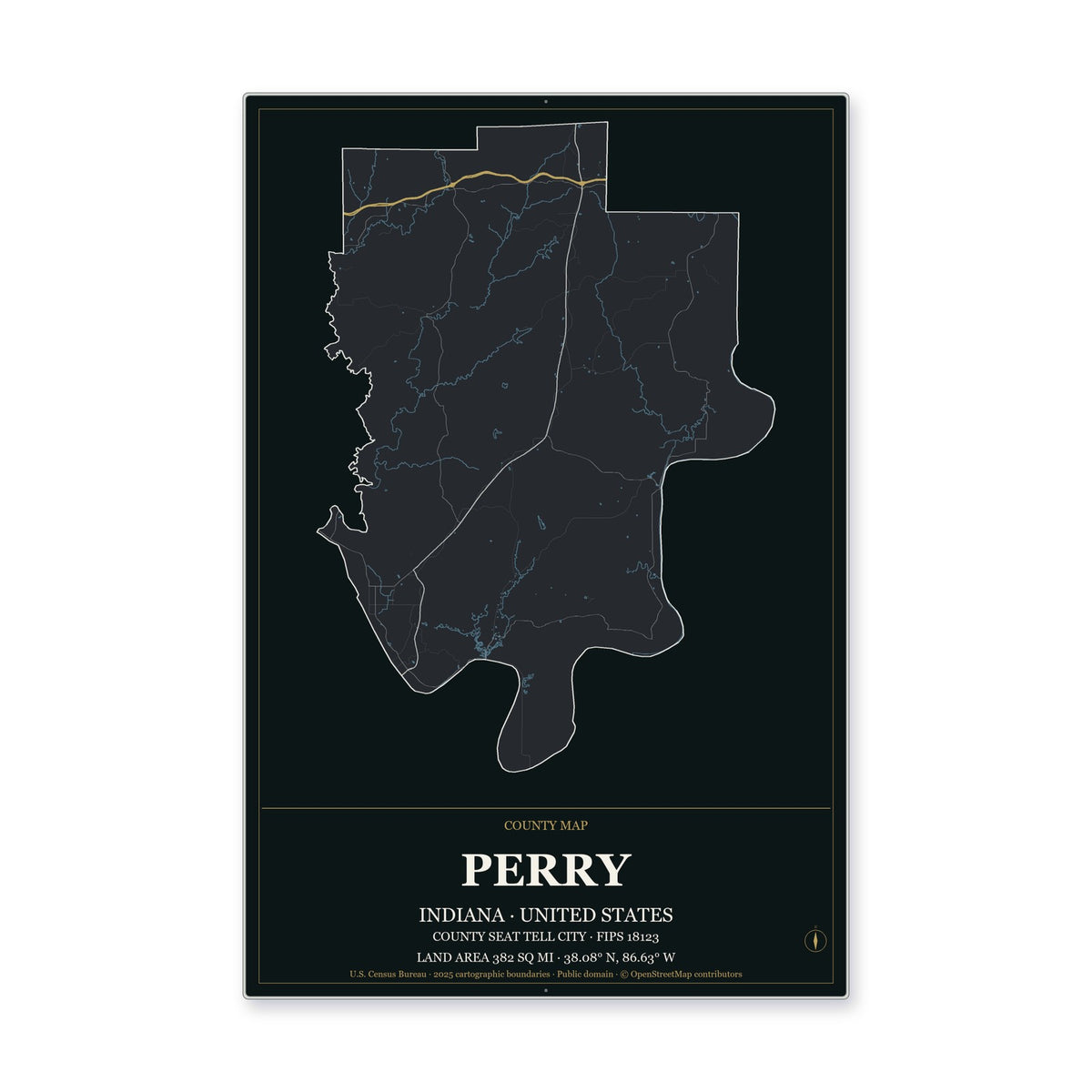 Perry County, Indiana Map Aluminum Sign in Metropolitan Noir style