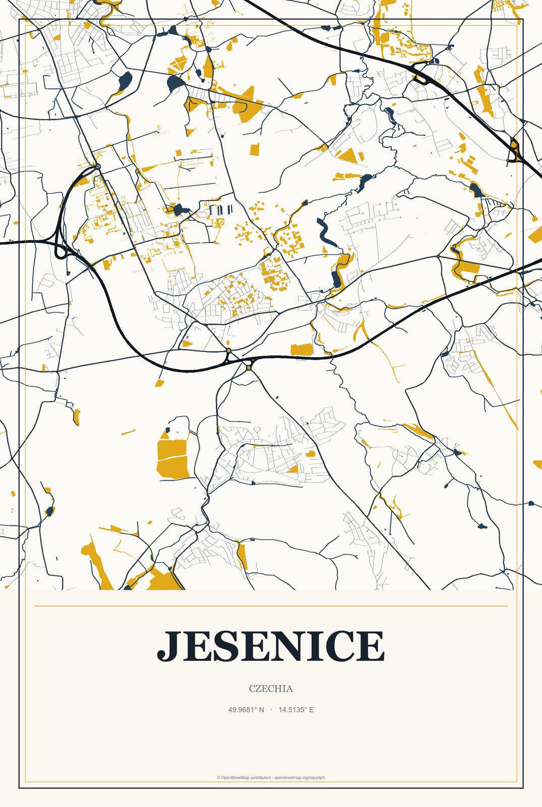 Jesenice, Czechia City Map Aluminum Sign in Citrine Modern style