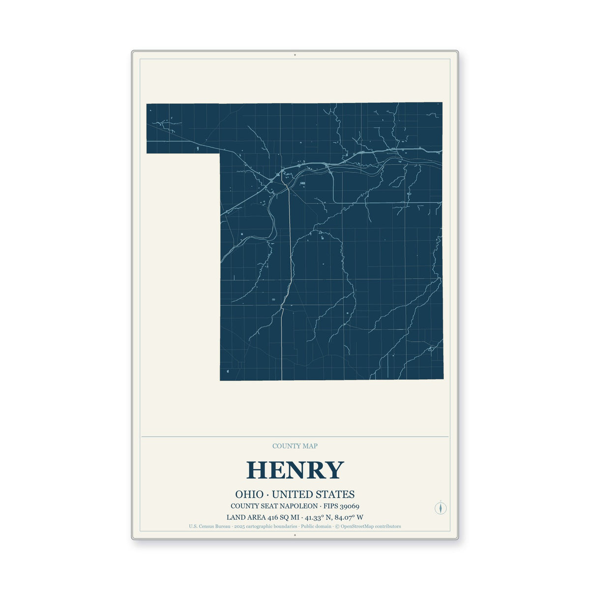 Henry County, Ohio Map Aluminum Sign in Coastal Cutout style