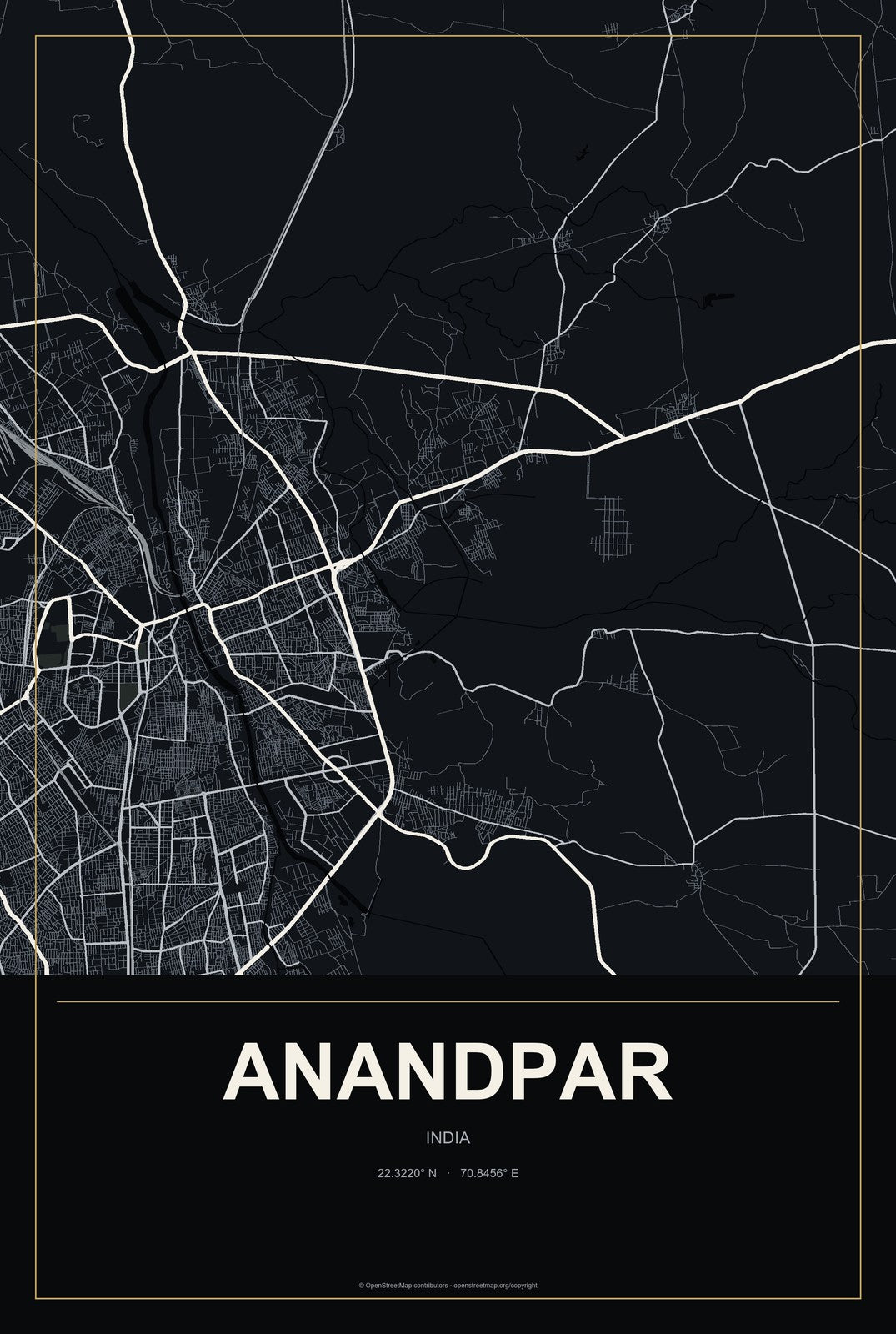 Anandpar, India City Map Aluminum Sign in Metropolitan Noir style