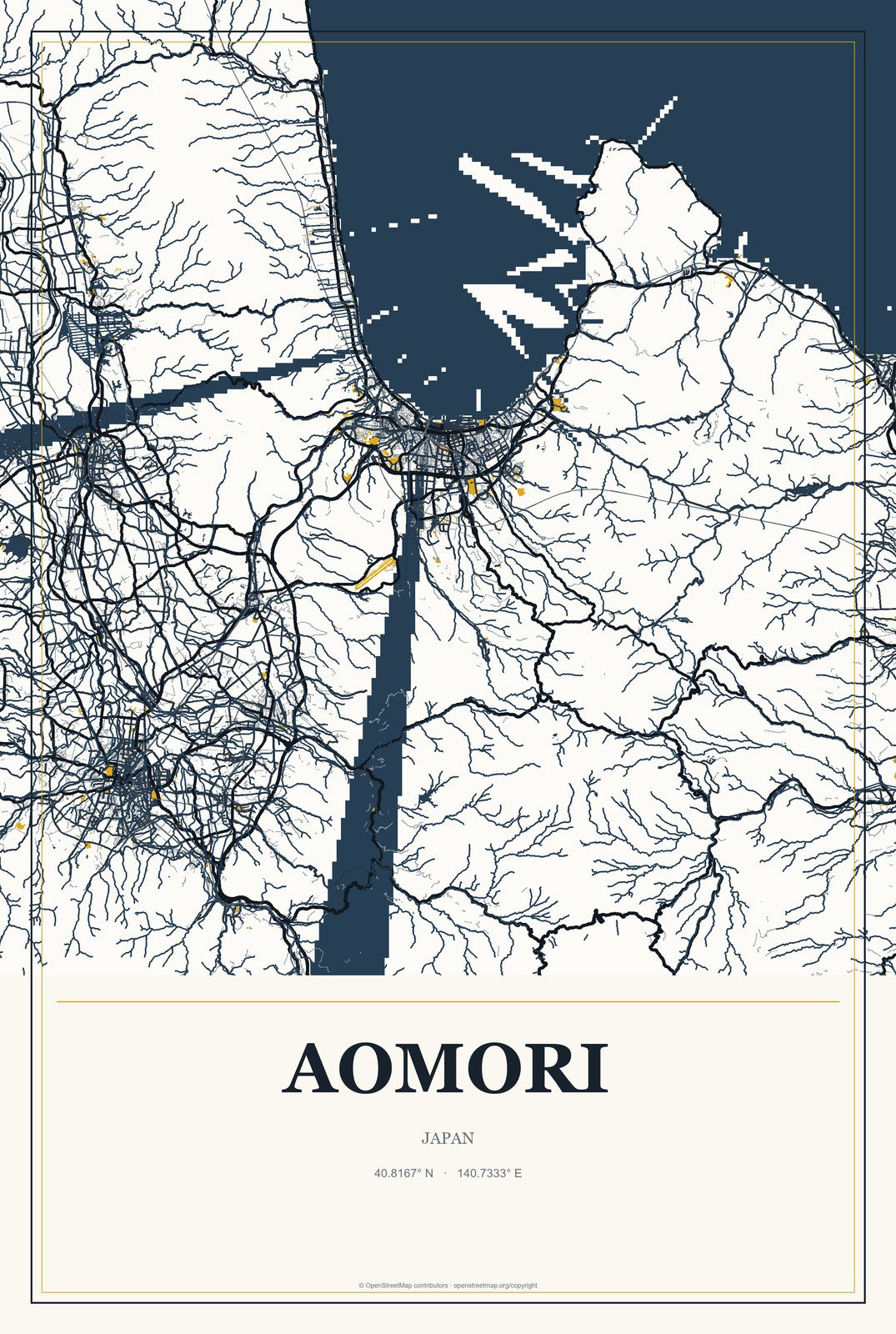 Aomori, Japan City Map Aluminum Sign in Citrine Modern style