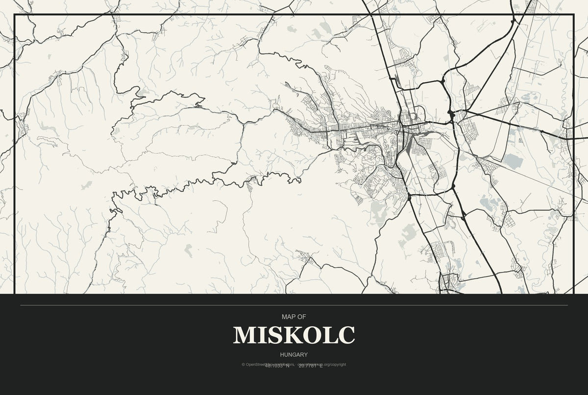 Miskolc, Hungary City Map Aluminum Sign in Museum Plaque style