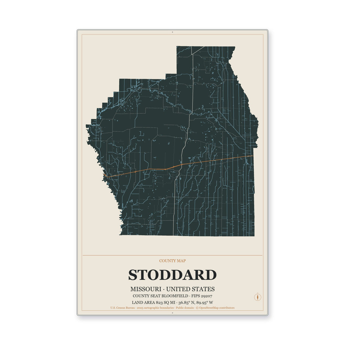 Stoddard County, Missouri Map Aluminum Sign in Headline Atlas style
