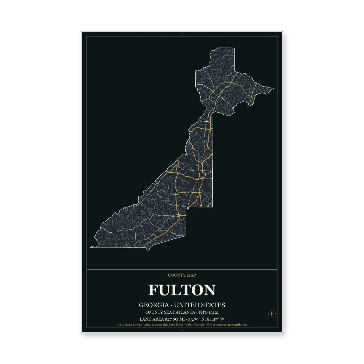 Fulton County, Georgia Map Aluminum Sign in Metropolitan Noir style