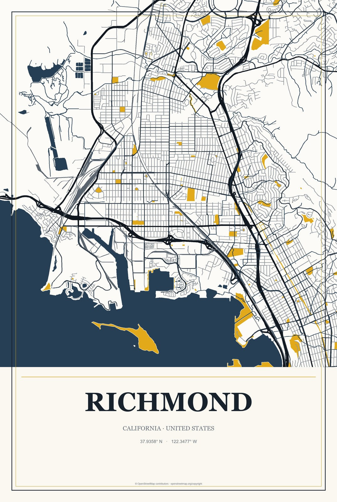 Richmond, California City Map Aluminum Sign in Citrine Modern style