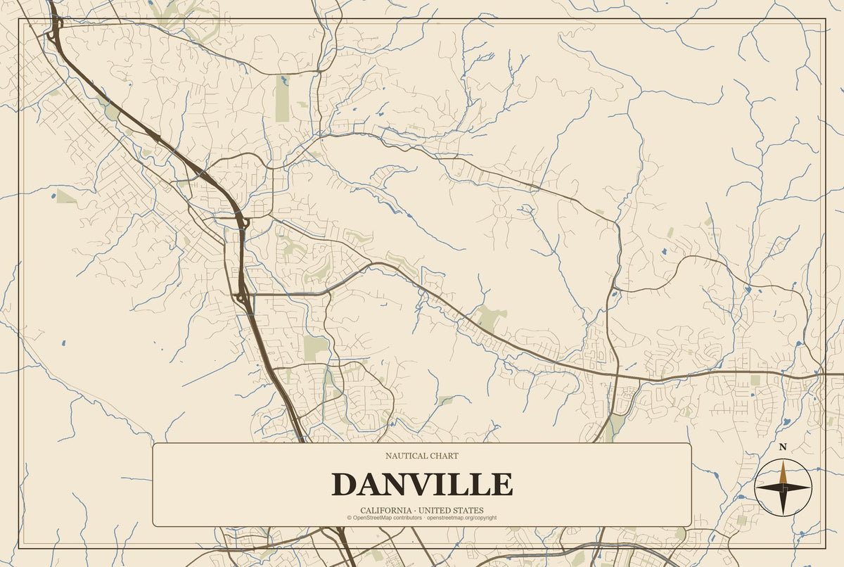Danville, California City Map Aluminum Sign in Heritage Nautical style