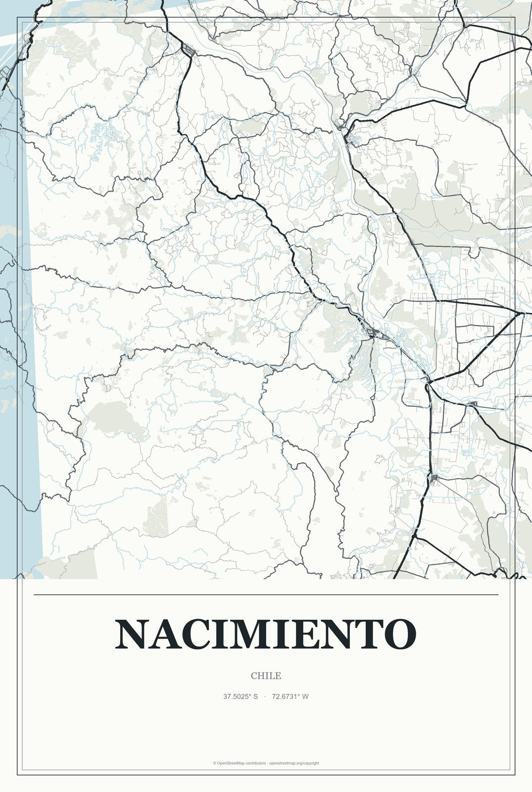 Nacimiento, Chile City Map Aluminum Sign in Gallery Air style