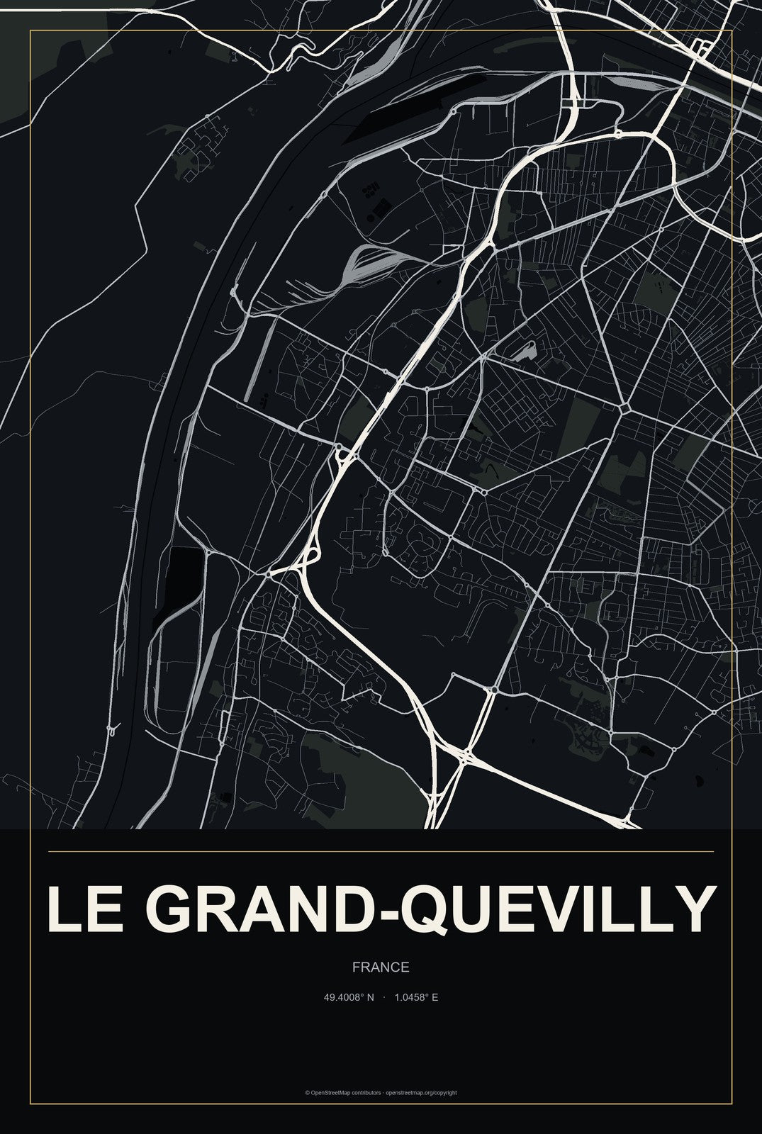 Le Grand-Quevilly, France City Map Aluminum Sign in Metropolitan Noir style
