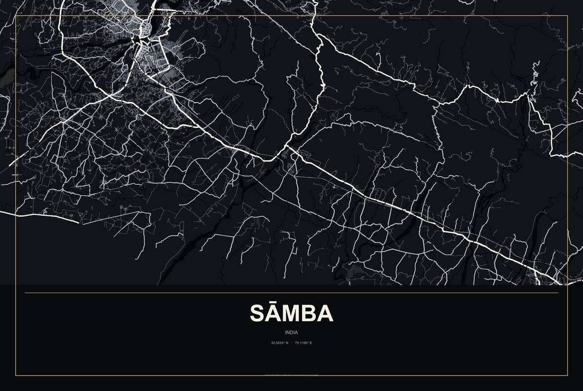 Sāmba, India City Map Aluminum Sign in Metropolitan Noir style