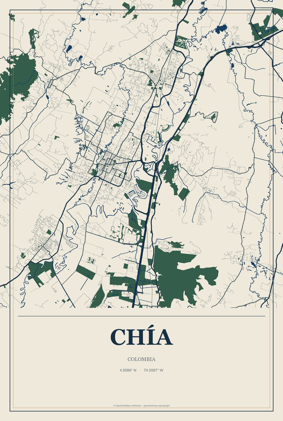 Chía, Colombia City Map Aluminum Sign in Coastal Cutout style