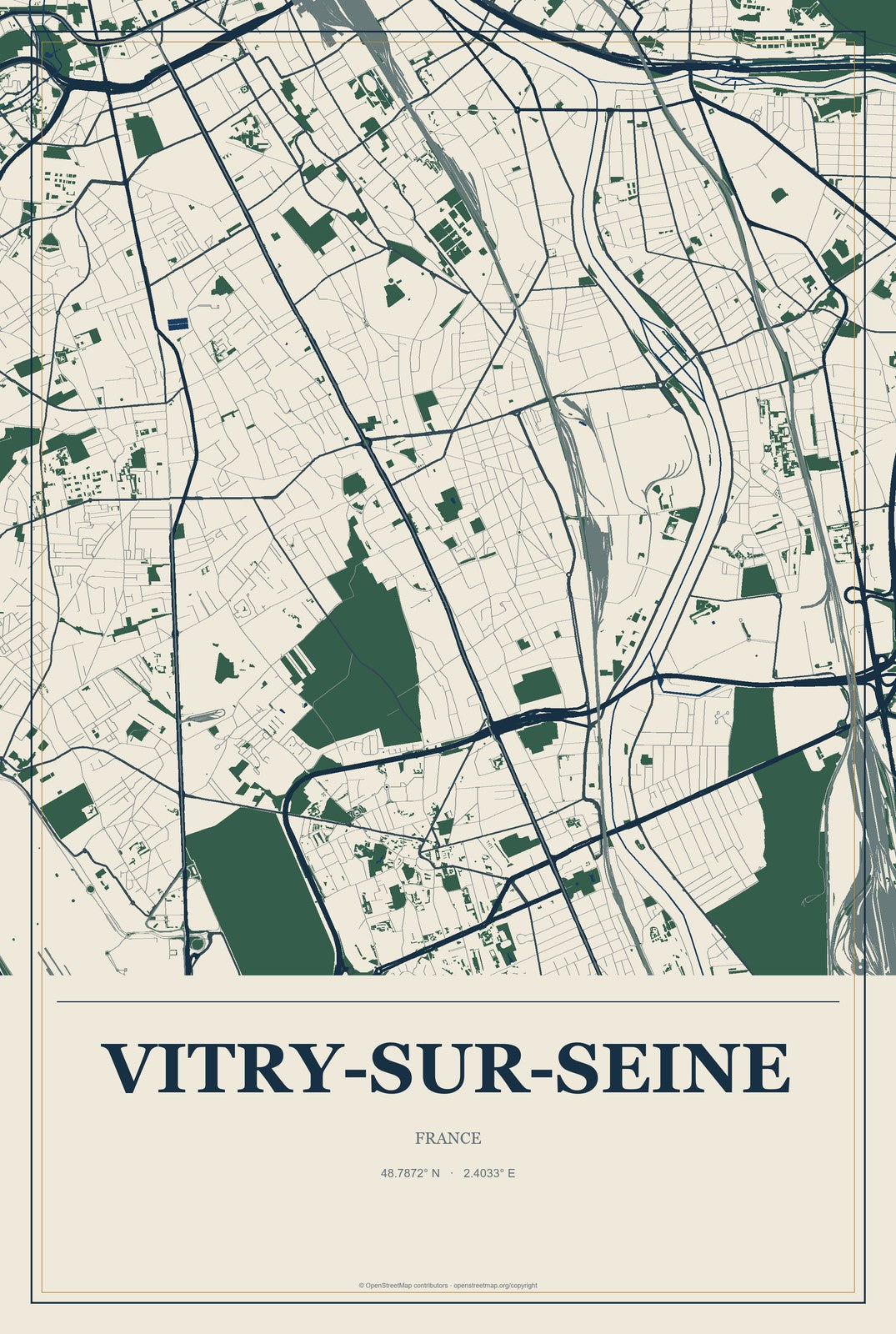 Vitry-sur-Seine, France City Map Aluminum Sign in Coastal Cutout style