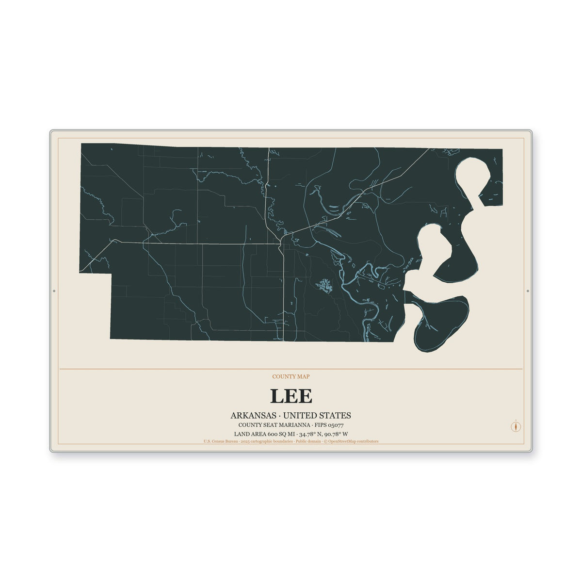 Lee County, Arkansas Map Aluminum Sign in Headline Atlas style