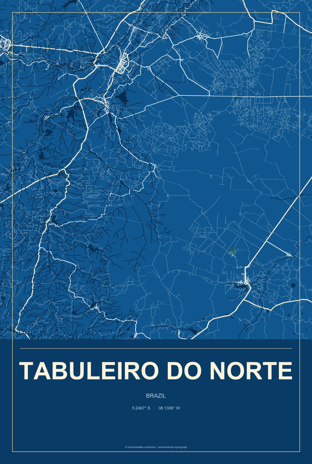 Tabuleiro do Norte, Brazil City Map Aluminum Sign in Harbor Cobalt style