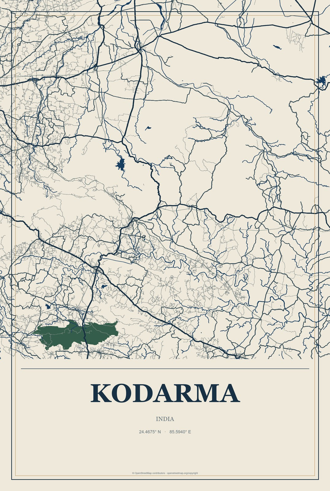 Kodarma, India City Map Aluminum Sign in Coastal Cutout style